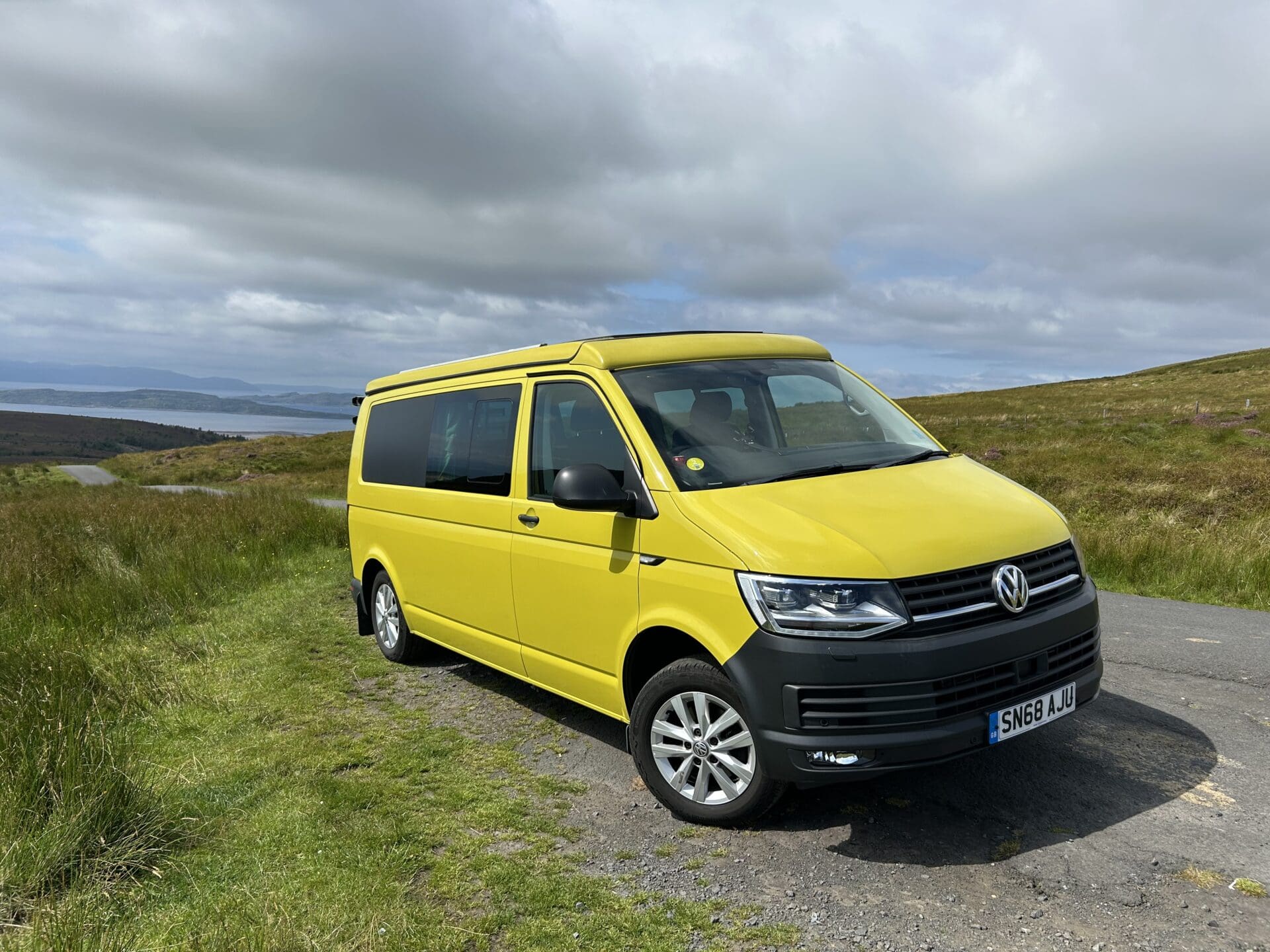 Front of Yellow 2019 VW T6 Transporter for sale, Jerba Campervans, 40,000 miles.