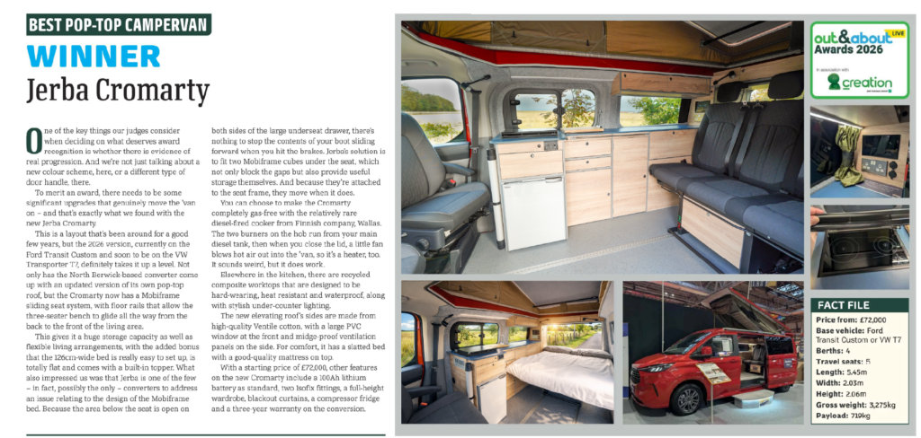 A Magazine Page showing the Cromarty layout Winning best pop top campervan.