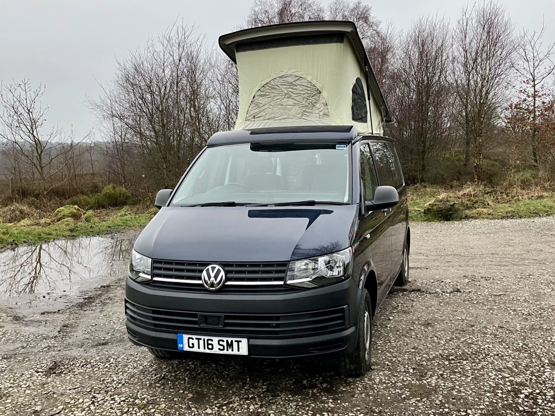 Front view of Blue Jerba Campervans VW Transporter T6 for sale, 35,000 miles.