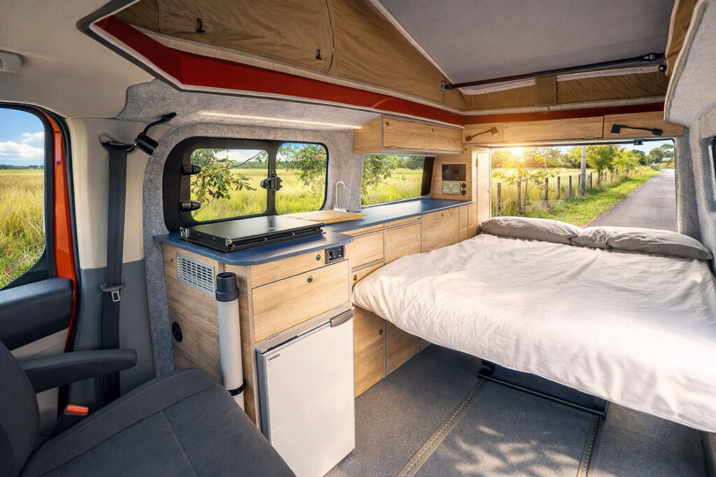 Wide shot of the Cromarty Camper layout with sun coming in.