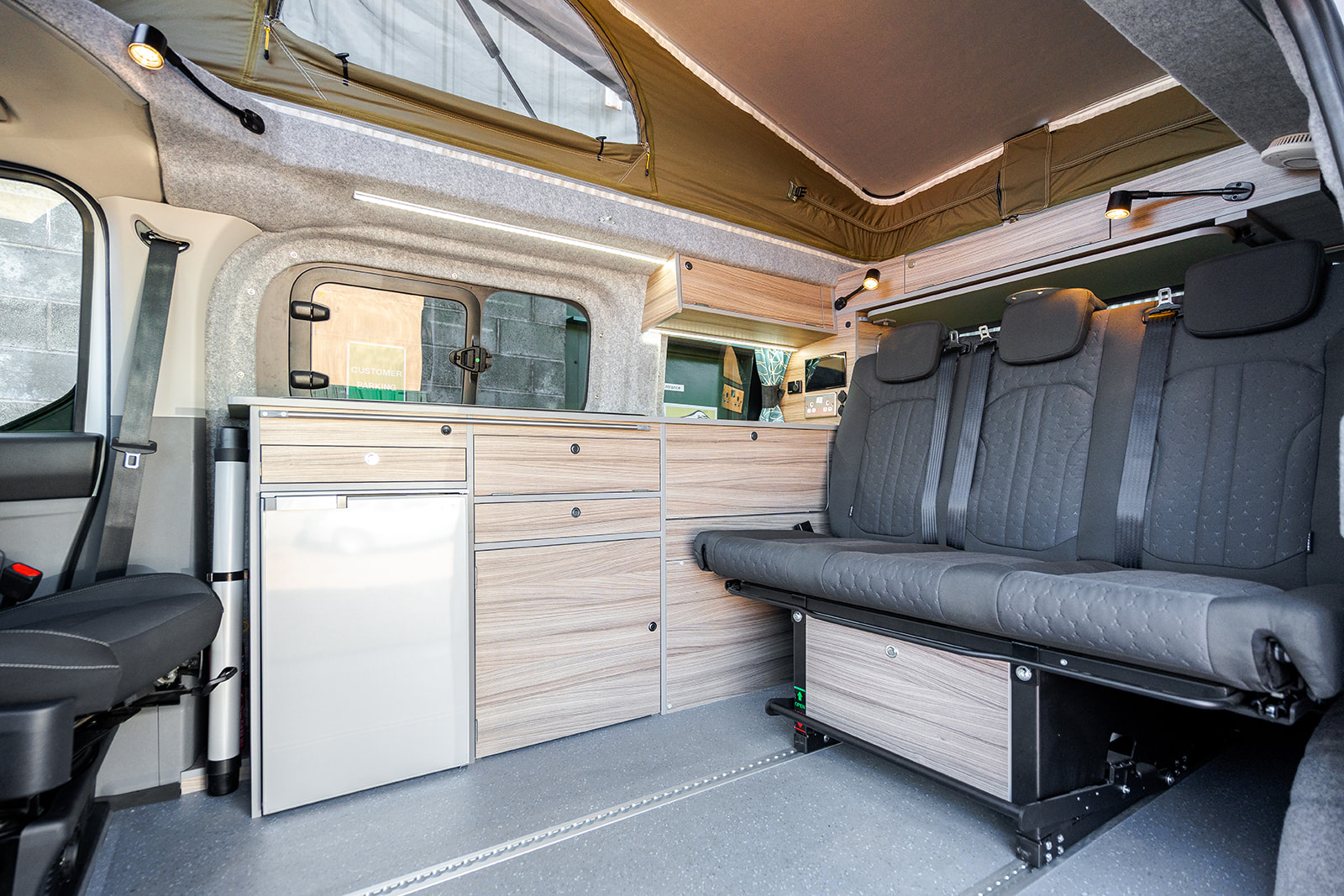 Rear Seats of a White 2026 Ford Transit Custom Campervan Jerba Tiree, 5000 Miles.