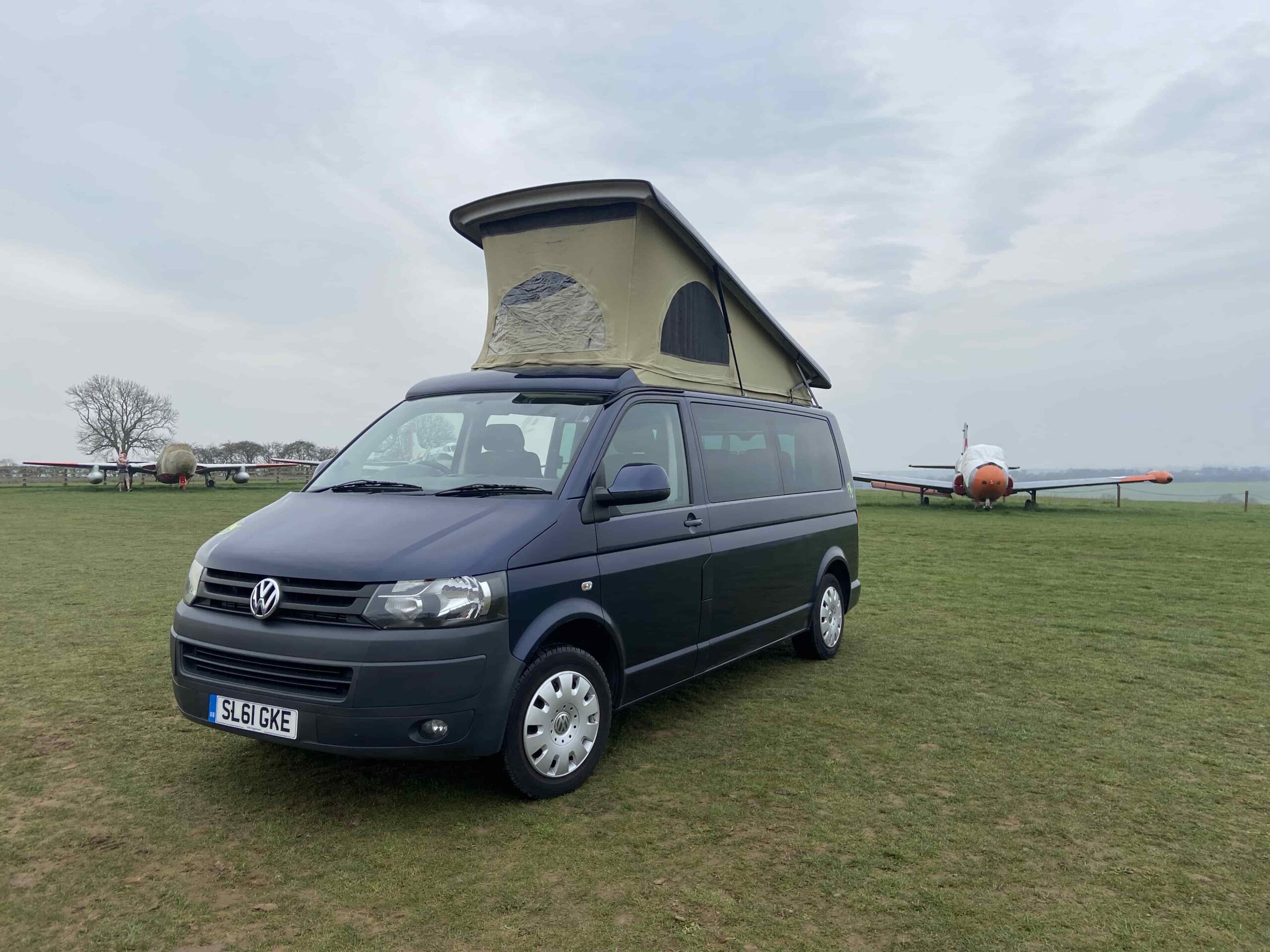 Front View of a Blue VW Transporter T5 2011 Campervan Conversion, 94000 miles.