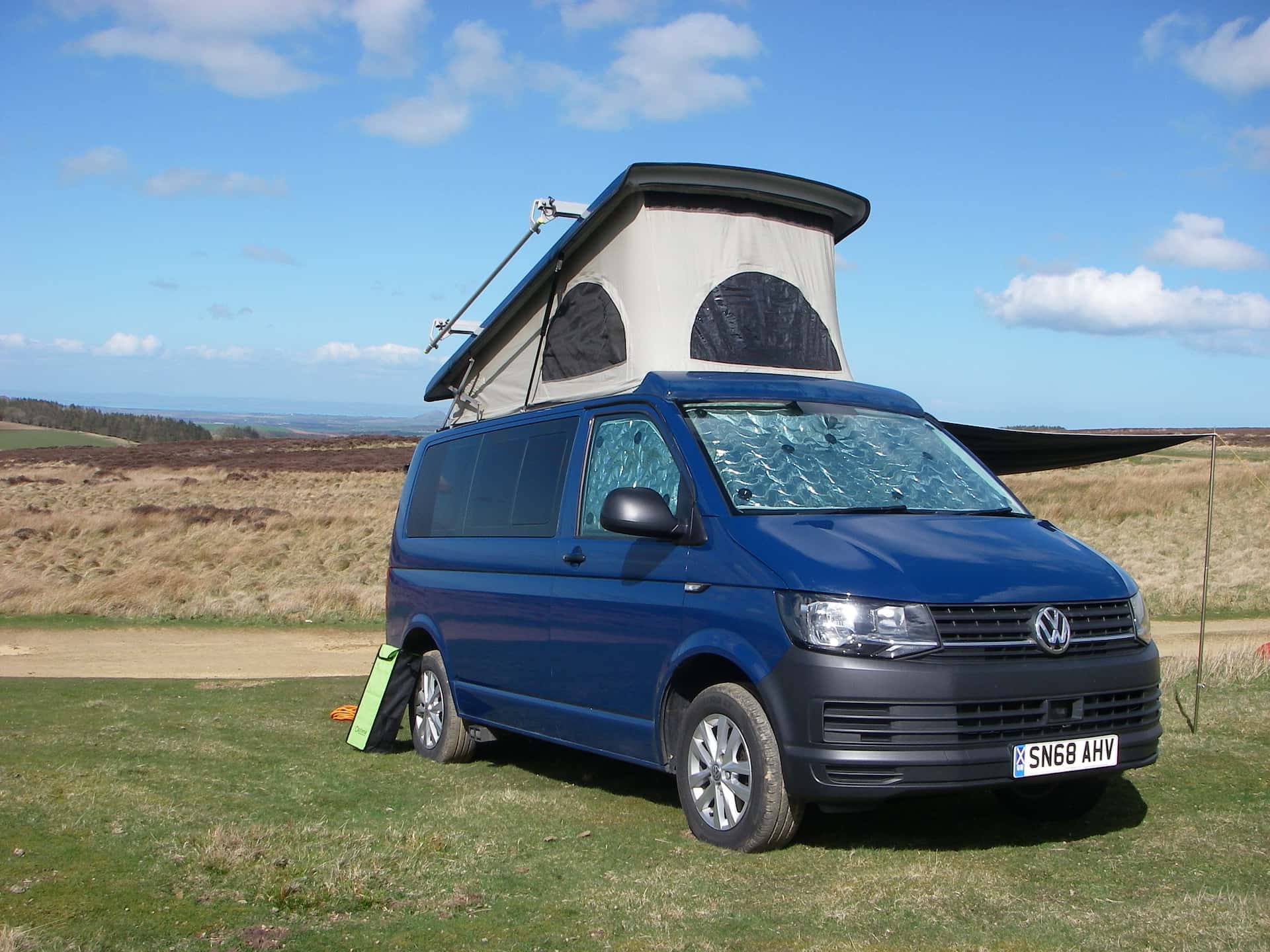 Front View of a Blue 2018 VW T6 Transporter Tiree Campervan, 43,500 Miles.
