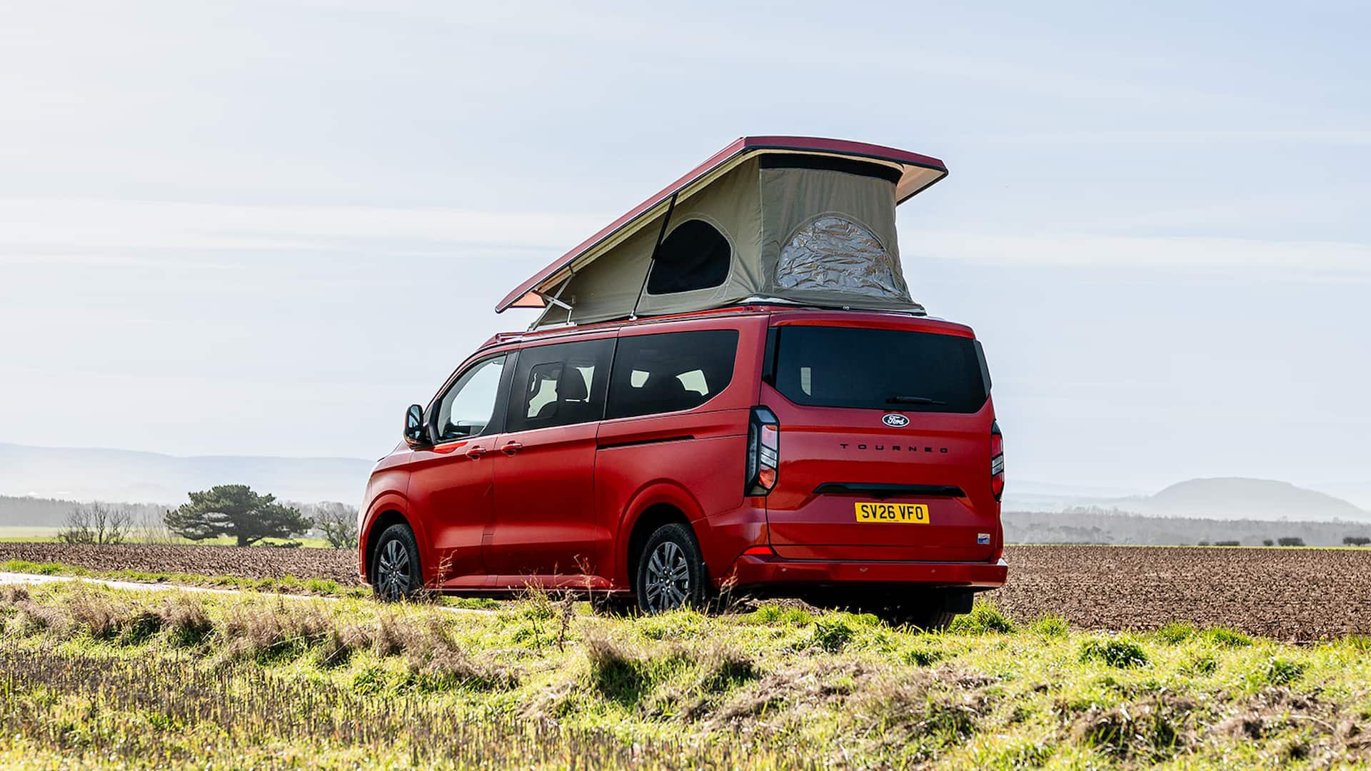 Rear view of the Jerba Campervans Pop Top Roof on a Ford transit Custom Campervan