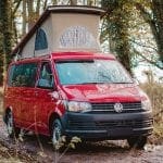 Red Campervan with a pop top roof