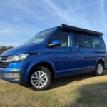 Side View of a Dark Blue 2022 VW Transporter T6.1 Jerba Campervan, 22,500 miles.