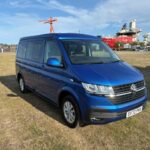 Front of a Dark Blue 2022 VW Transporter T6.1 Jerba Campervan, 22,500 miles.