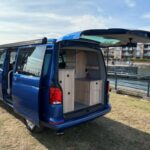 Tailgate of a Dark Blue 2022 VW Transporter T6.1 Jerba Campervan, 22,500 miles.