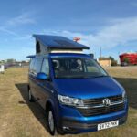 Front View of a Dark Blue 2022 VW Transporter T6.1 Jerba Campervan, 22,500 miles.