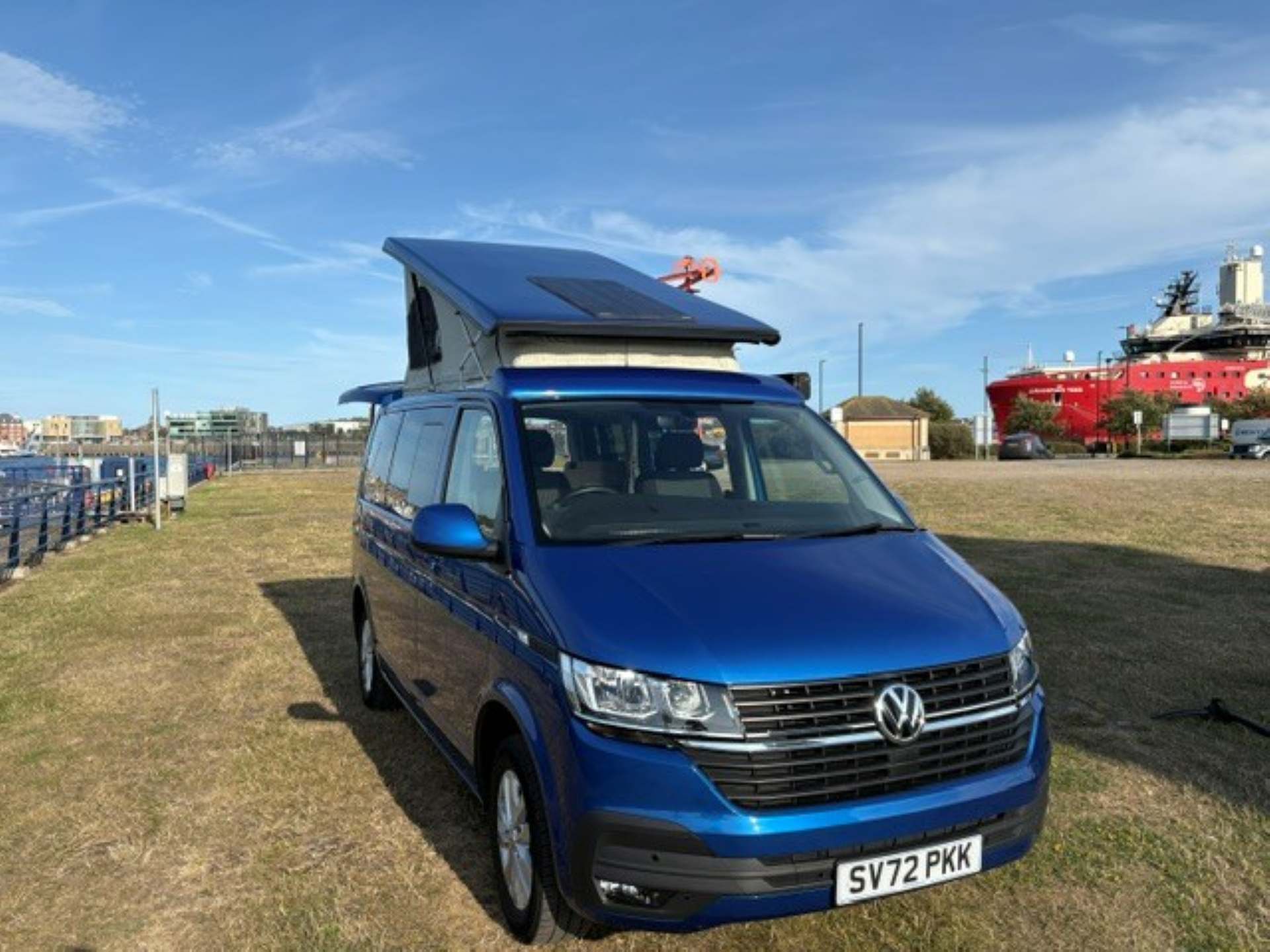 Front View of a Dark Blue 2022 VW Transporter T6.1 Jerba Campervan, 22,500 miles.
