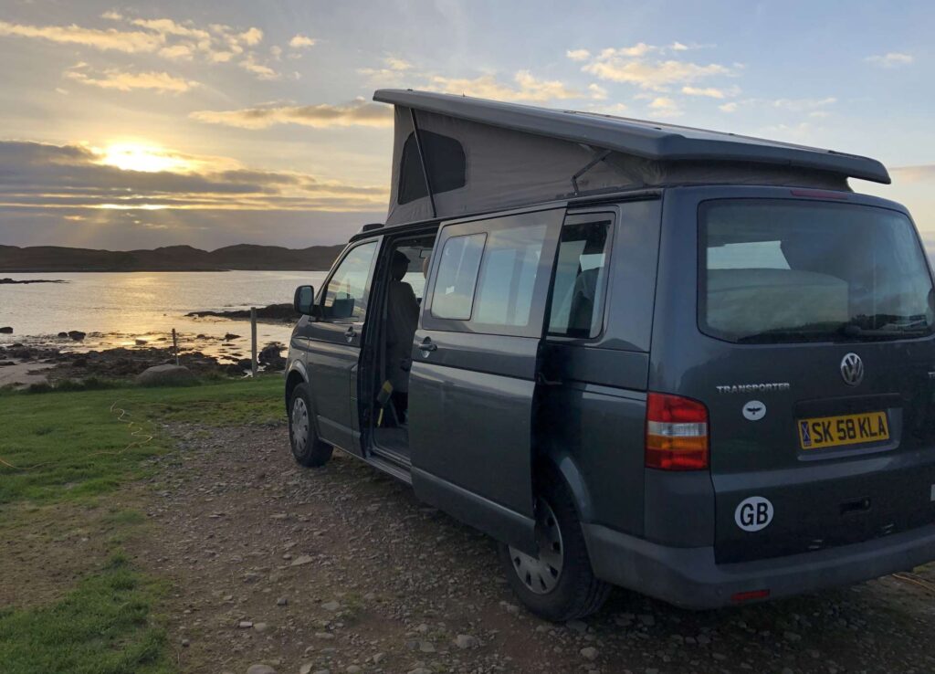 Side view of Grey VW Transporter T5 2008, Jerba Campervans Cromarty, 87,000 miles.