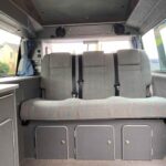 Rear Seat of Grey VW Transporter T5 2008, Jerba Campervans Cromarty, 87,000 miles.