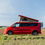 Side View of a Red 2026 Ford Transit Custom Campervan Jerba Cromarty, 5000 Miles.
