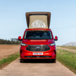 Front View of a Red 2026 Ford Transit Custom Campervan Jerba Cromarty, 5000 Miles.