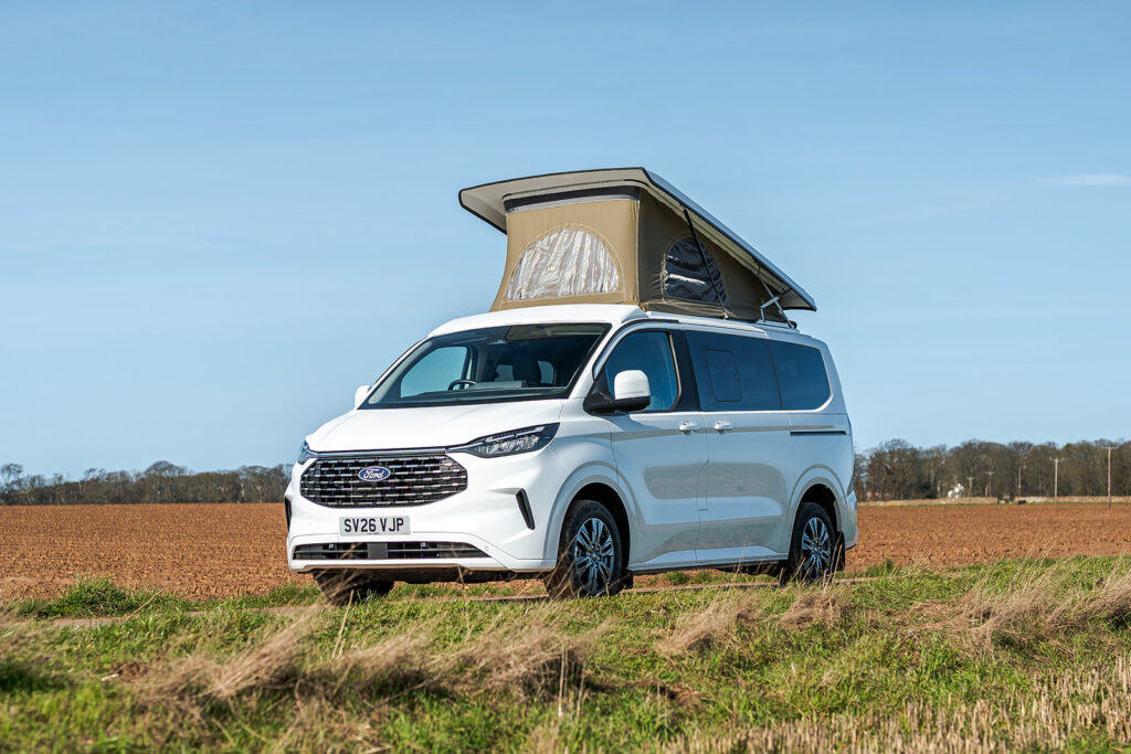 Front side of a White 2026 Ford Transit Custom Campervan Jerba Tiree, 5000 Miles.