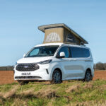 Front side of a White 2026 Ford Transit Custom Campervan Jerba Tiree, 5000 Miles.