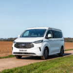 Front View of a White 2026 Ford Transit Custom Camper Jerba Tiree, 5000 Miles.