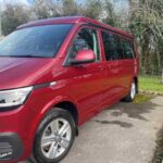 Frontside View of a Red VW Transporter T6.1 Campervan Jerba Sanna, 19,000 miles.