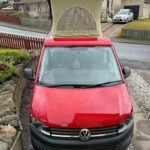 Front View of a Red 2020 VW Transporter T6 Campervan Jerba Cromarty, 17,000 Miles.