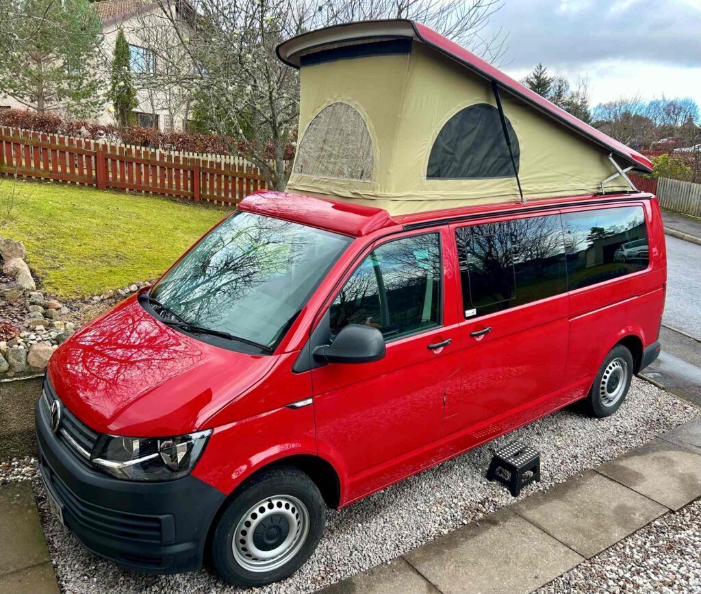 Top View of a Red 2020 VW Transporter T6 Campervan Jerba Cromarty, 17,000 Miles.