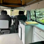 Inside of a Red 2020 VW Transporter T6 Campervan Jerba Cromarty, 17,000 Miles.