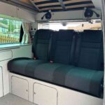 Rear Seats of a Red 2020 VW Transporter T6 Campervan Jerba Cromarty, 17,000 Miles.