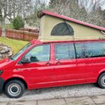 Side View of a Red 2020 VW Transporter T6 Campervan Jerba Cromarty, 17,000 Miles.