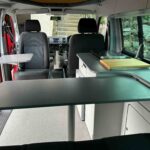 Rear Table of a Red 2020 VW Transporter T6 Campervan Jerba Cromarty, 17,000 Miles.
