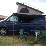 Side View of a Blue 2018 VW T6 Transporter Tiree Campervan, 43,500 Miles.