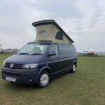 Front View of a Blue VW Transporter T5 2011 Campervan Conversion, 94000 miles.