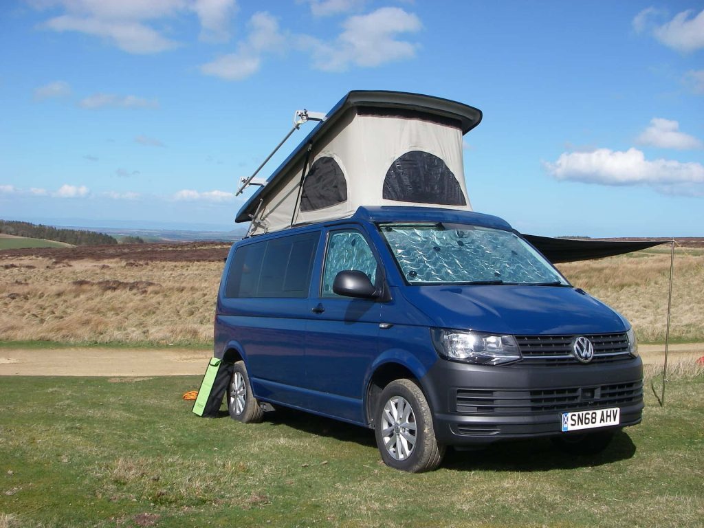 Front View of a Blue 2018 VW T6 Transporter Tiree Campervan, 43,500 Miles.