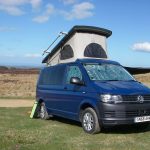 Front View of a Blue 2018 VW T6 Transporter Tiree Campervan, 43,500 Miles.