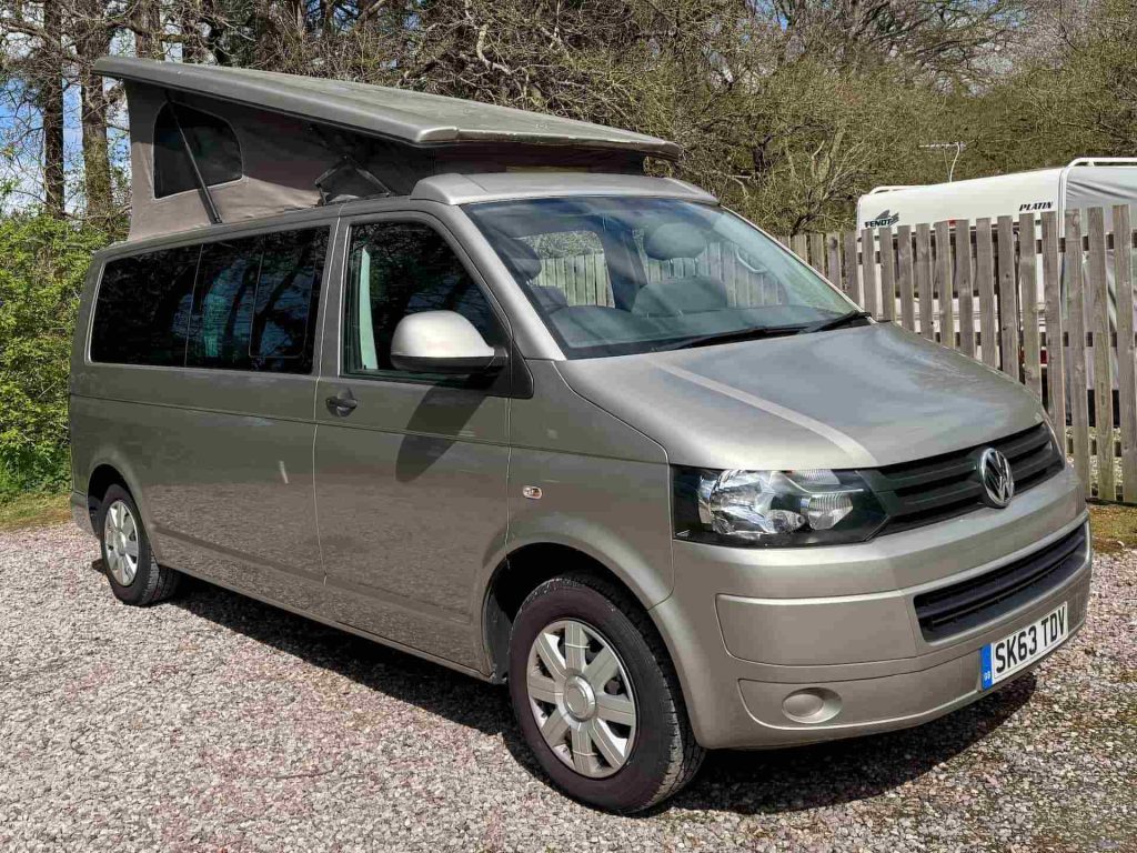 Front View of a Beige 2013 VW Transporter T5 LWB Campervan, 87,000 Miles.