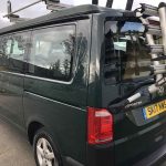 Rear side View of a Green 2017 VW Transporter T6 Campervan SWB, 76,500 Miles.
