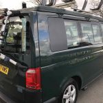 Offside of a Green 2017 VW Transporter T6 Campervan SWB, 76,500 Miles.