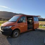 Front View of an Orange 2021 VW Transporter T6.1 Tiree Camper, 66000 Miles.