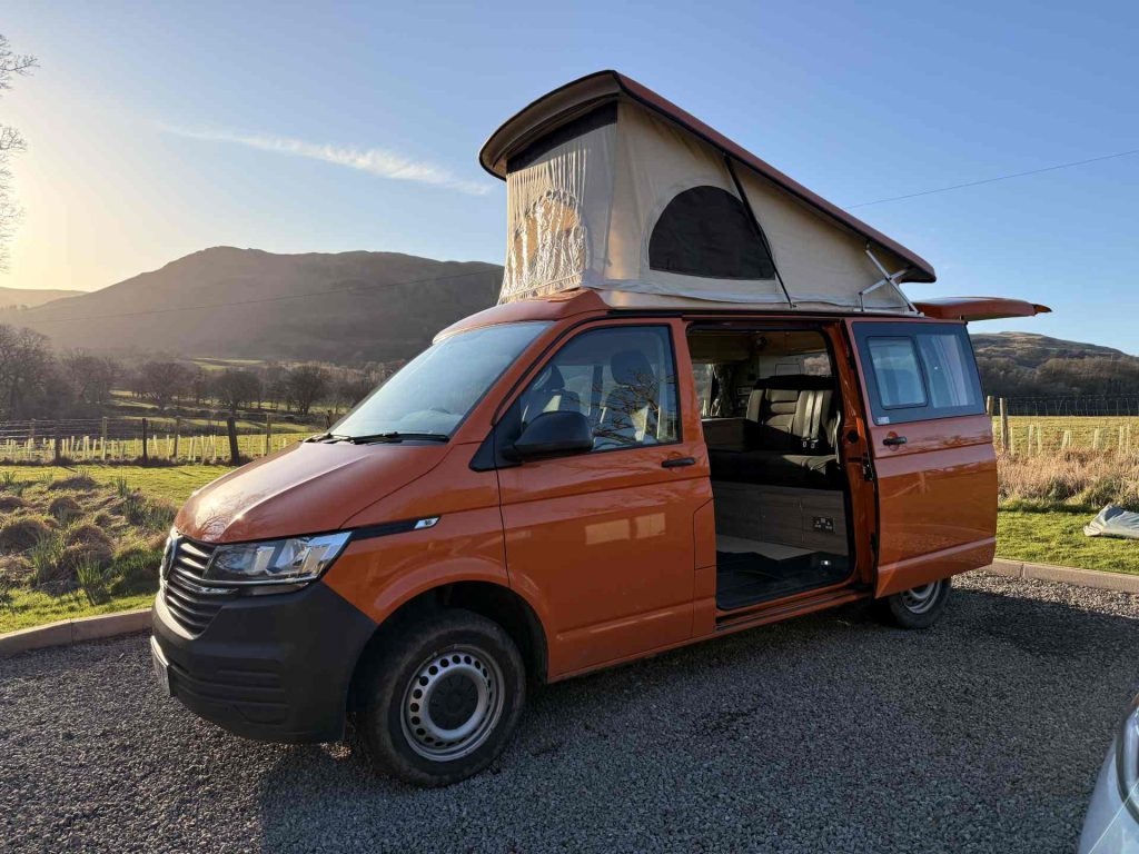 Front View of an Orange 2021 VW Transporter T6.1 Tiree Campervan, 66000 Miles.