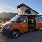 Front View of an Orange 2021 VW Transporter T6.1 Tiree Campervan, 66000 Miles.