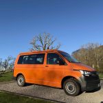 Side View of an Orange 2021 VW Transporter T6.1 Tiree Camper, 66000 Miles.