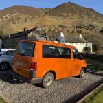Rear View of an Orange 2021 VW Transporter T6.1 Tiree Camper, 66000 Miles.