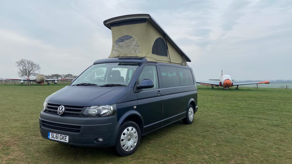 Front View of Blue VW Transporter T5 2011 Campervan Conversion, 94000 miles.