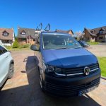 Front View of a Blue 2020 VW Transporter T6 LWB Campervan Sanna Layout, 16000 Miles.