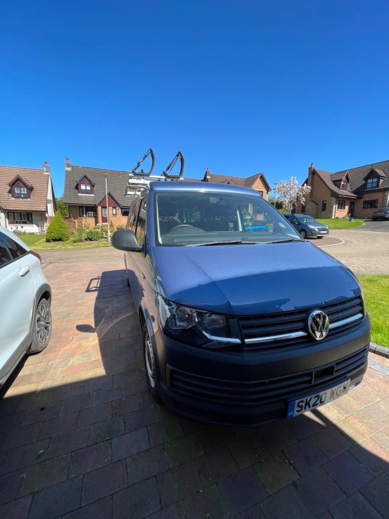 Front View of a Blue 2020 VW Transporter T6 LWB Campervan Sanna Layout, 16000 Miles.