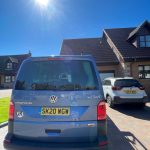 Rear View of a Blue 2020 VW Transporter T6 LWB Campervan Sanna Layout, 16000 Miles.