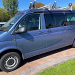 Side View of a Blue 2020 VW Transporter T6 LWB Campervan Sanna Layout, 16000 Miles.