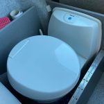 Rear Toilet of a Blue 2020 VW Transporter T6 LWB Campervan Sanna Layout, 16000 Miles.