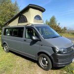 Drivers Side of a Grey 2019 VW T6 Transporter LWB Jerba Campervan, 56,250 Miles.