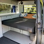 Rear Double Bed of a Grey 2019 VW T6 Transporter LWB Jerba Campervan, 56,250 Miles.