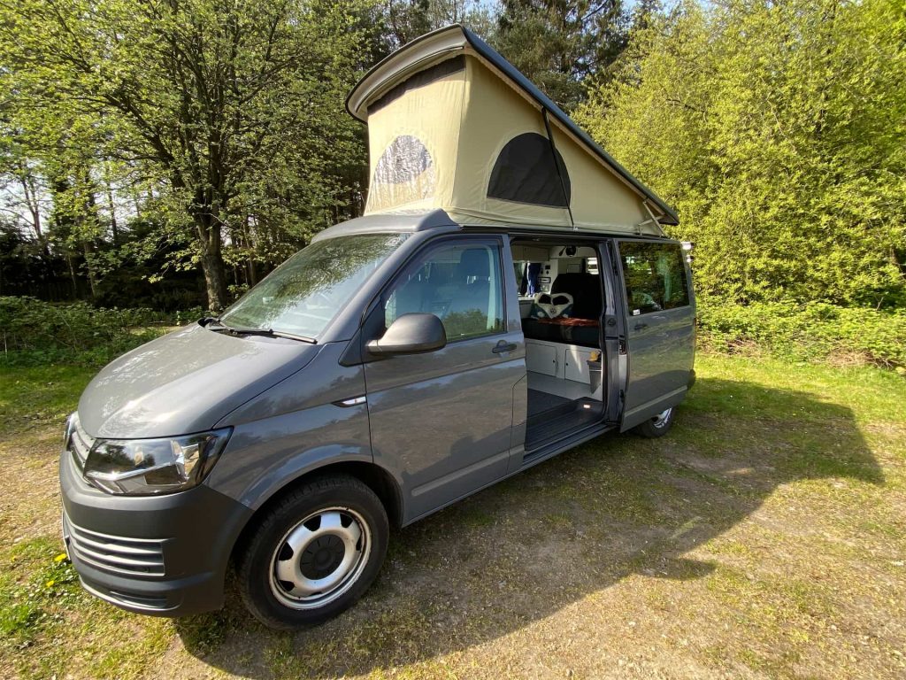 Side View of a Grey 2019 VW T6 Transporter LWB Jerba Campervan, 56,250 Miles.