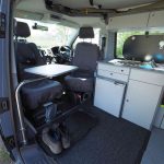 Front Swivel Seats of a Grey 2019 VW T6 Transporter LWB Jerba Campervan, 56,250 Miles.
